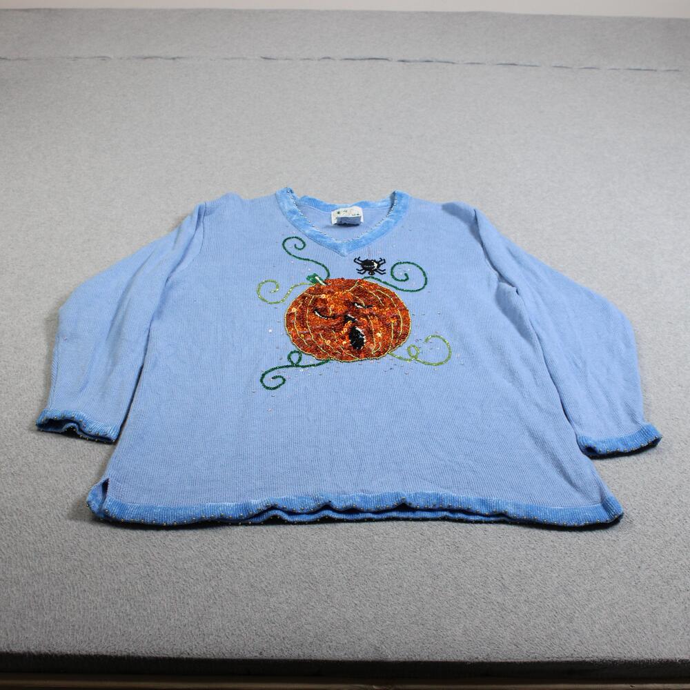 Quacker Factory Sweater Women 1X Blue Halloween Ramie Blend Pumpkin Sequin Spide